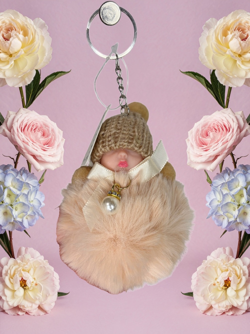 Sleeping Baby Plush Pom-Pom Keychain/Bag Charm Soft Blush Pink